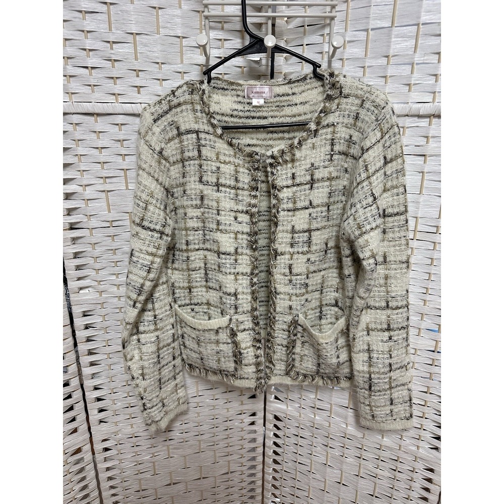 Kamana cardigan, Size M, Cream Browns Pockets Open Front Fringe Trim